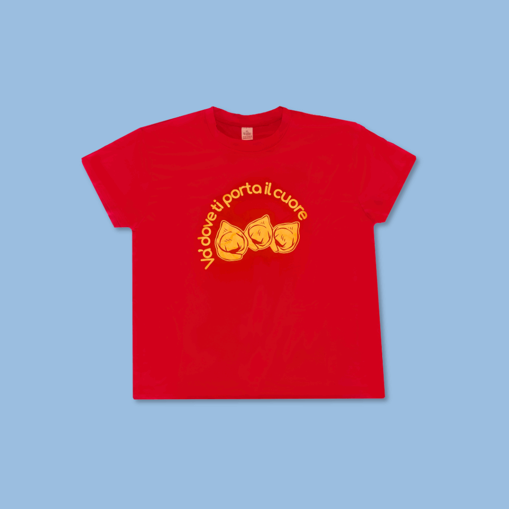 Maglia per bambino con tortellino e scritta Va' Dove Ti Porta Il Cuore